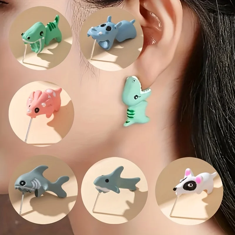 1/6 Pairs Animal Cartoon Stud Earring For Women Cute Dinosaur Little Dog Shark Whale Clay Bite Ear Jewelry Funny Gifts Fashion