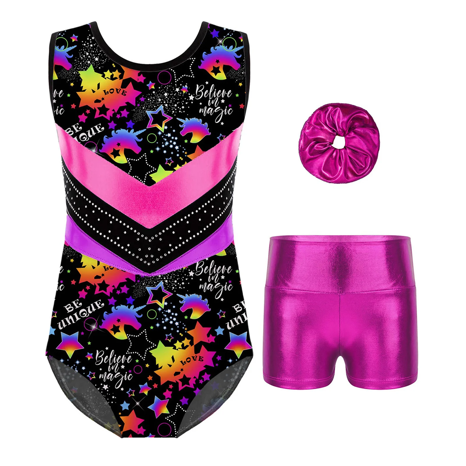Kids Girls Rhythmic Gymnastic Skating Leotards Outfit Sleeveless Dance Leotard Bodysuit and Metallic Shorts with Hair Ties Set