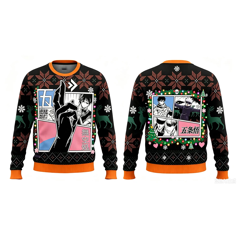 Schwarz-Weißes Anime-Design, 3D-gedrucktes Weihnachtsgeschenk, niedlich und ausgefallen, stylischer Hoodie mit Rundhalsausschnitt, hässliches und süßes Weihnachtsshirt