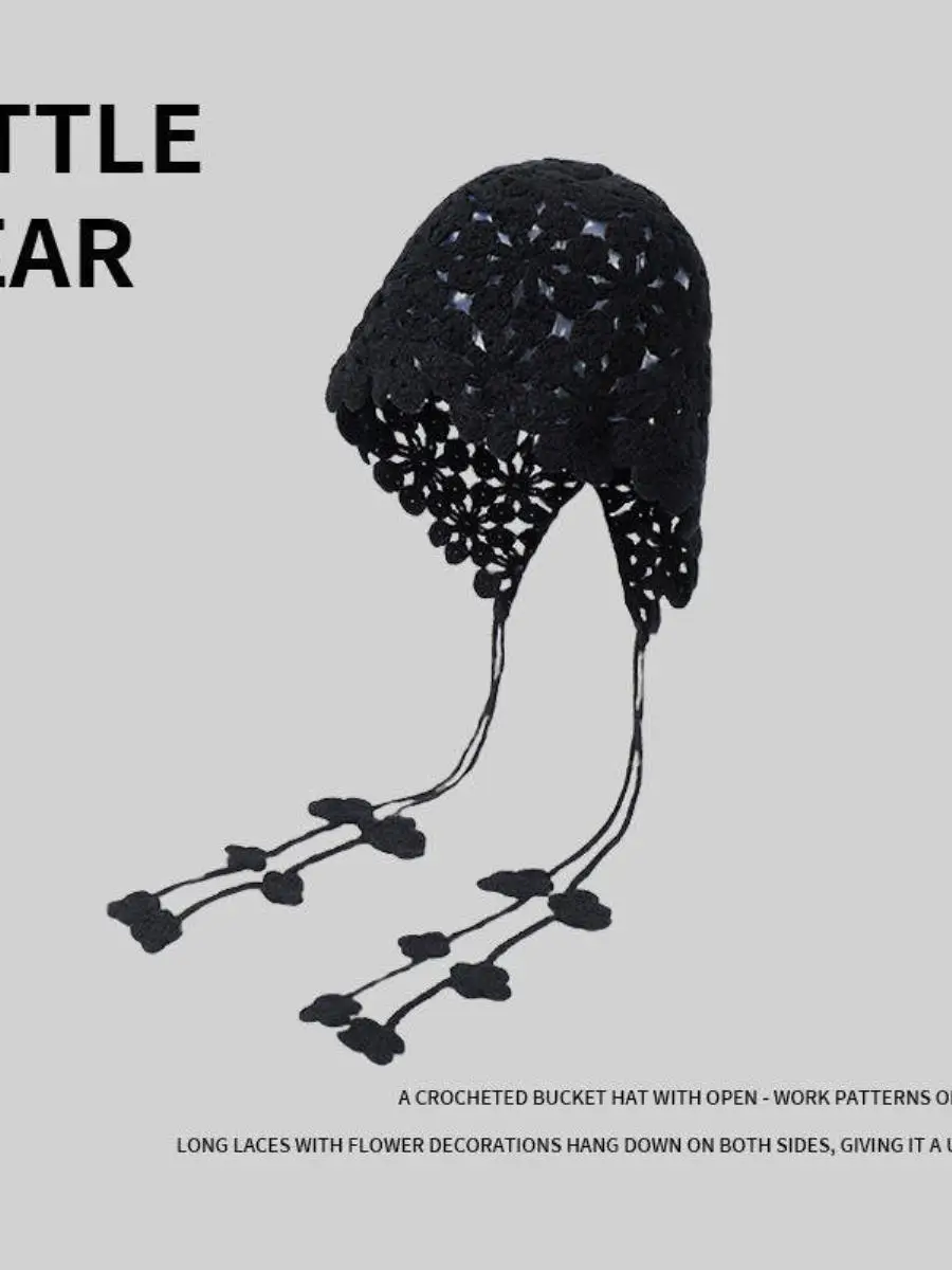 red-hollow-out-flower-knitted-thin-head-cap-women's-summer-vintage-overhead-hat-hook-wind-flower-hat-two-piece-set-accessories