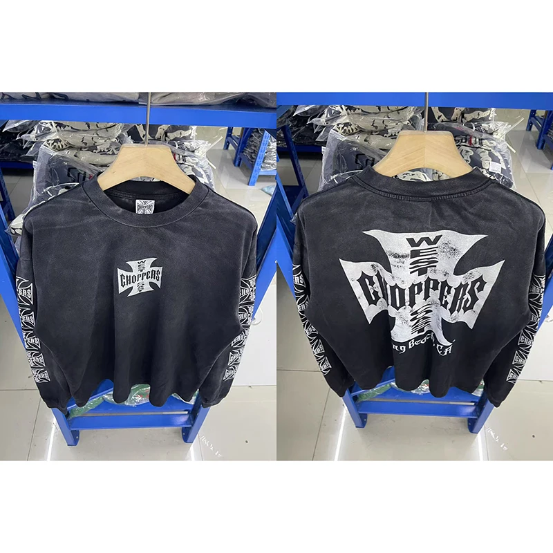 

American Street West Coast Choppers Long-sleeved T-shirt Washed Black Cross-printed Men Women Suitable for Streetwear Y2K Style