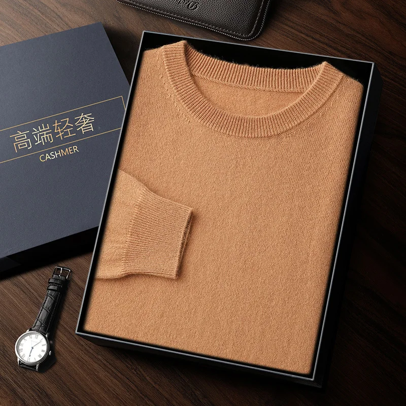 Autumn and winter new 100% pure cashmere high-end casual men\'s O-neck simple fashion warm solid color sweater cashmere sweater.