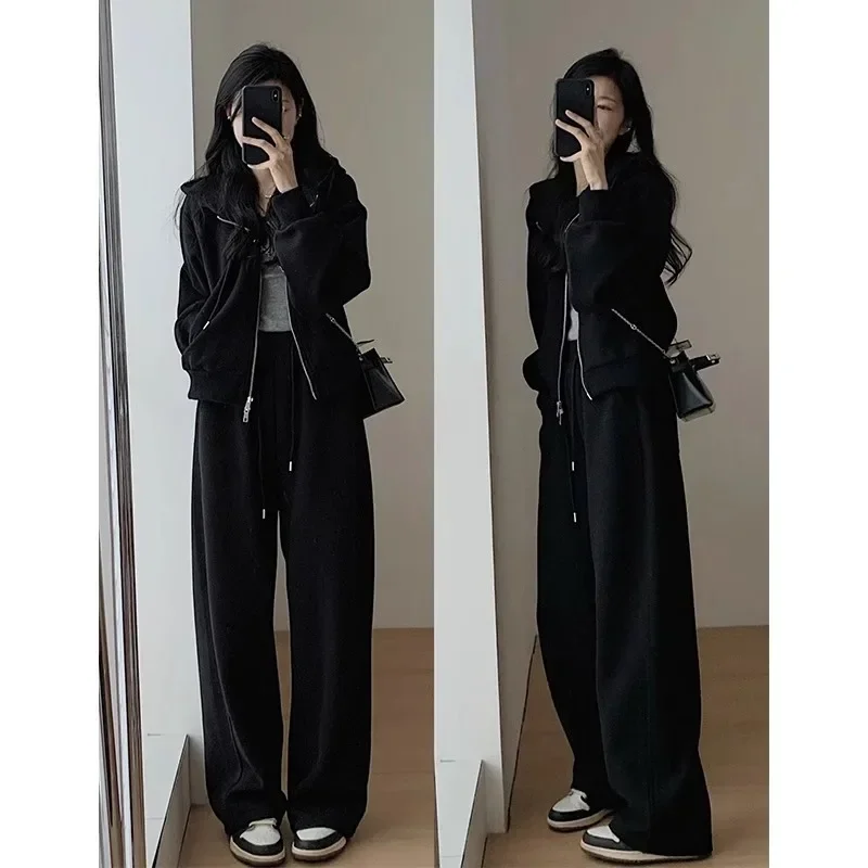Autumn Winter New Solid Oversized Loose Women's Hoodie And Sweatpants Two Piece Set Korean Fashion Y2k Zip Up Hoodie Sweatshirts