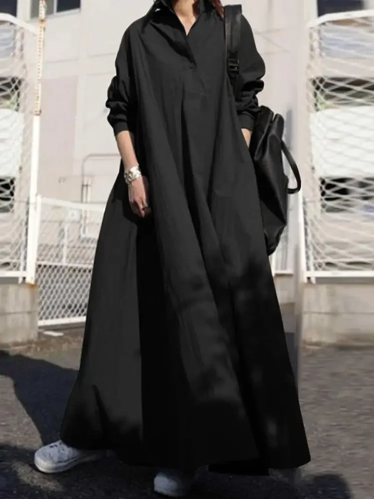 Frauen Kleid Herbst Langarm Hemd Kleid Lose Übergroßen Maxi Kaftan Frau Revers Solide Halb-Taste A-linie Sommerkleid