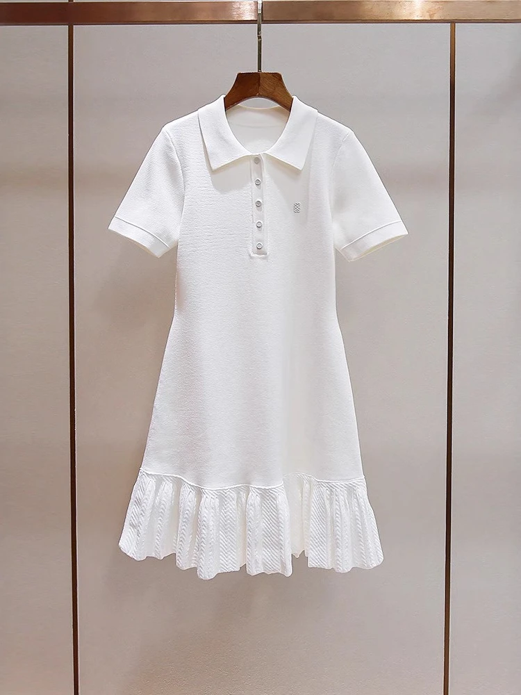High End Women's Summer New Style French Age Reducing Short Sleeved Patchwork Pleated Skirt with Knitted Dress