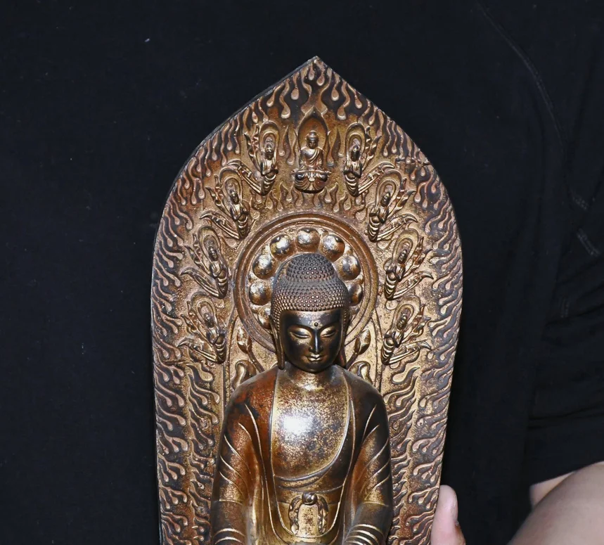 12'' Old Tibet Pure Bronze Gilt Lotus Flower Shakyamuni Sakyamuni Buddha Statue