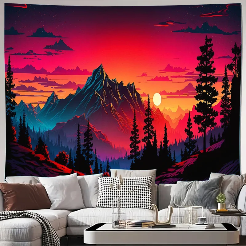 Mountain Sunset Landscape Sky Nature Art Wall Tapestry Machine Washable All Season Decor Print Scenic View Design Home non-toxic