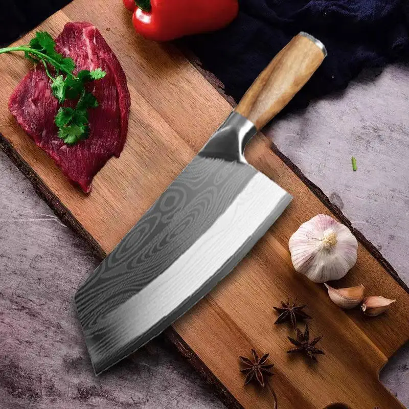 7.5 Inch Butcher Damascus Kitchen Knife Cleaver Chinese Chef Knife 4 Cr14mov Steel Wooden Handle Meat Vegetable Chef Knife