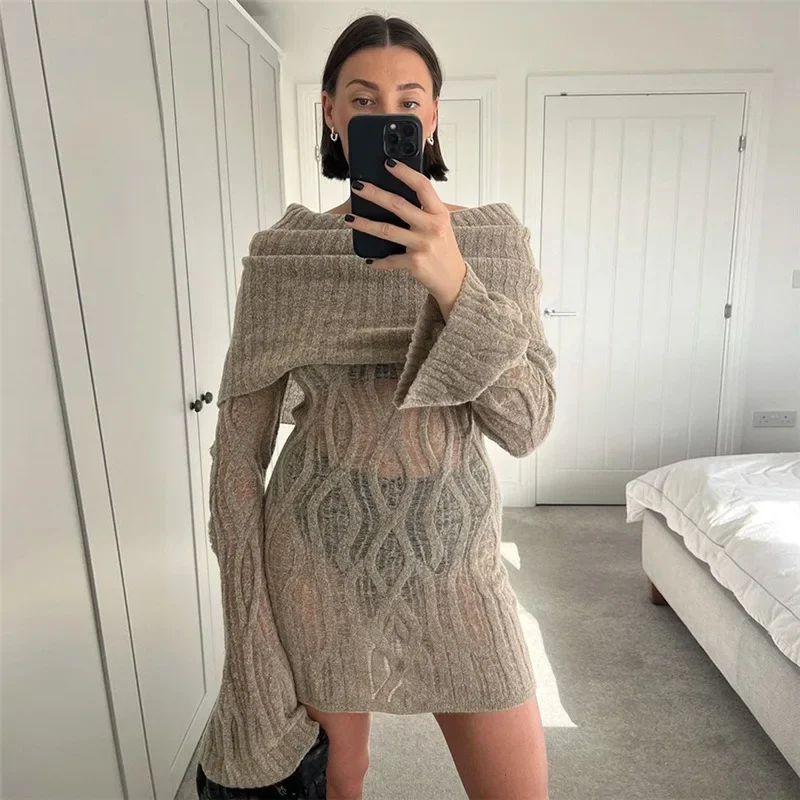 Knitted Crochet Sheer Bodycon Mini Dress Women Autumn Solid Slash Neck Full Sleeve High Waist Elegant Dresses Casual Streetwear