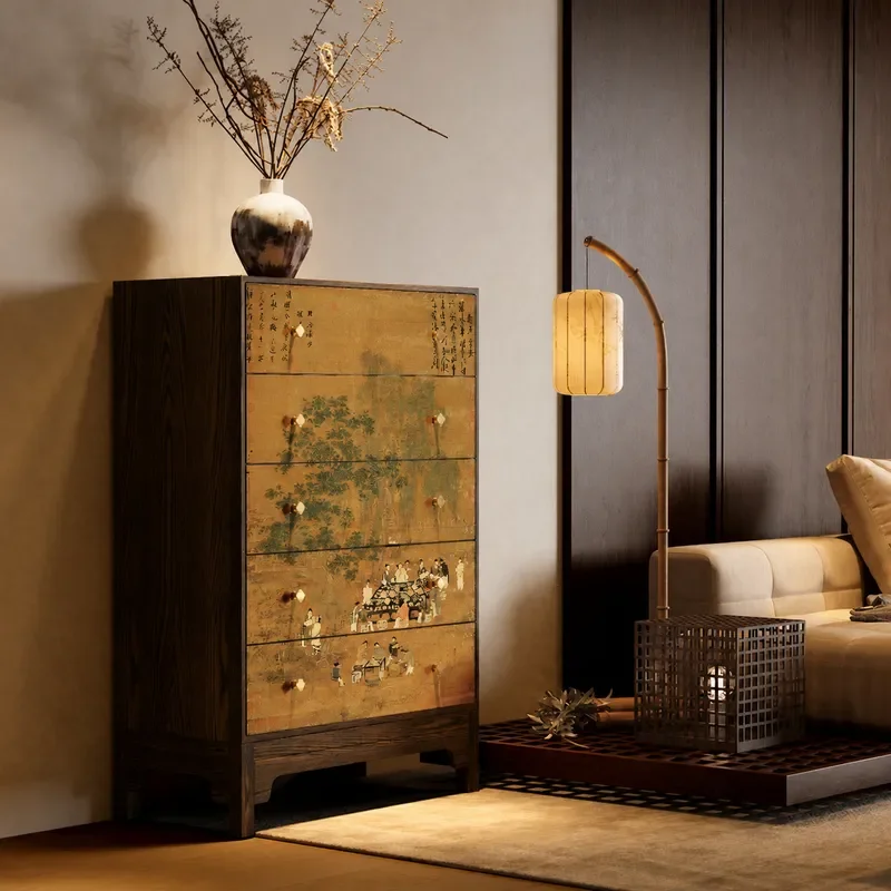 New Chinese Style Solid Wood Bedside Drawer Cabinet Song Dynasty Aesthetics Flower and Bird Chest for Bedroom Living Room