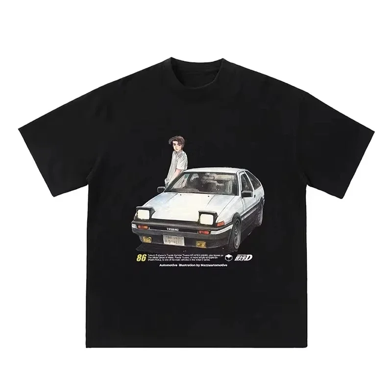 Japanese Retro Anime Initial D Speed Car Soul Printed Short Sleeve Cotton Loose Men's Casual Loose Short Sleeve T-shirt Trendy