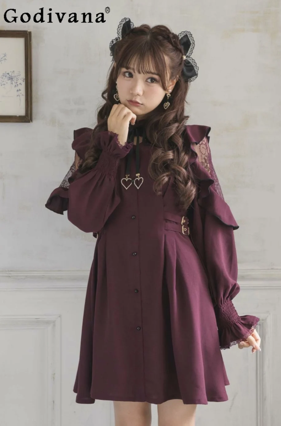 

Japanese Rojita Dress Lace Love Pendant Bow Mass- Produced Mine Slim-Fit Office Ladies Dress for Women Autumn Long Sleeve Dress