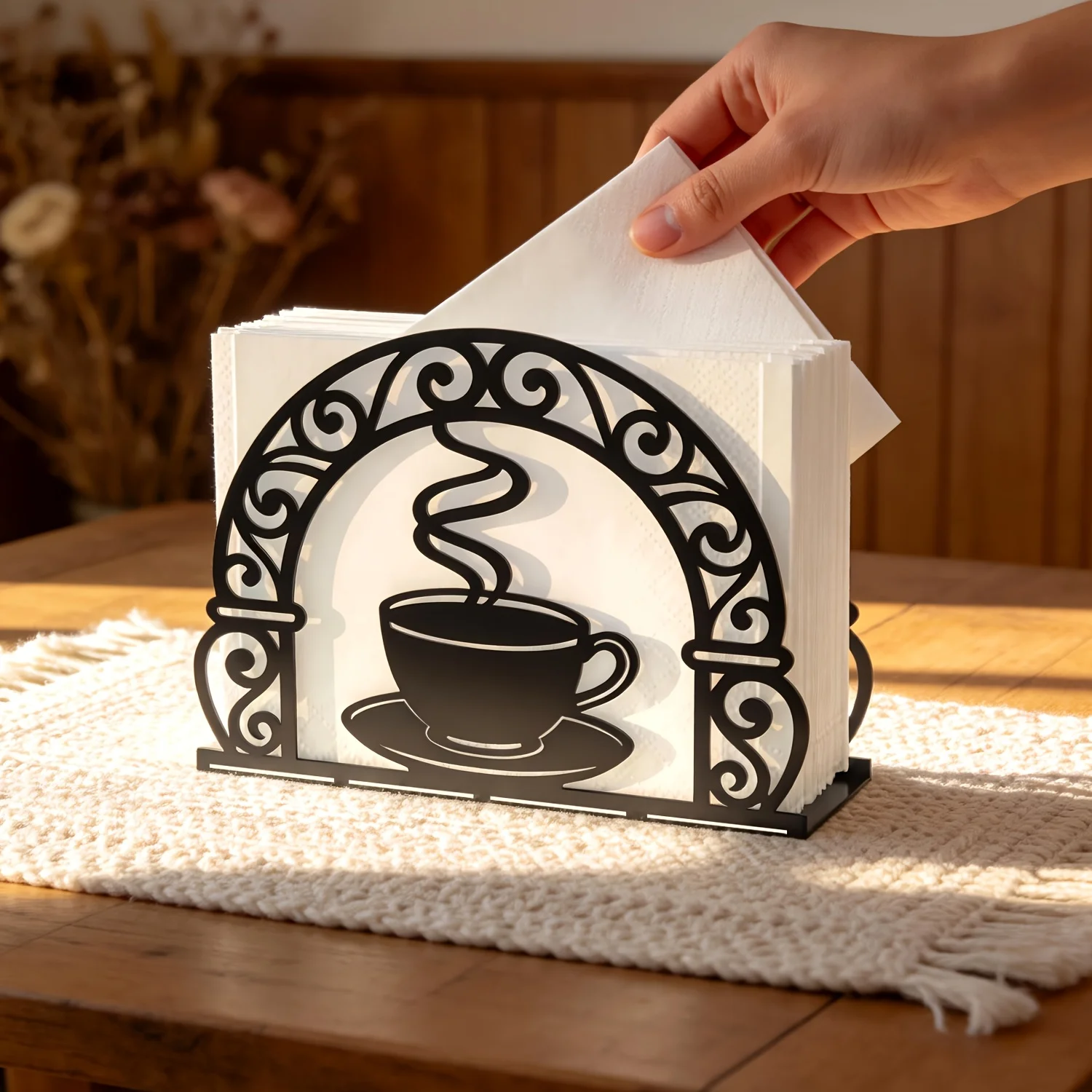 CIFBUY 2D Flat Coffee Pattern Napkin Holder Minimalist Art Metal Tissue Paper Stand For Dining Table Restaurant Hotel Cafe Home