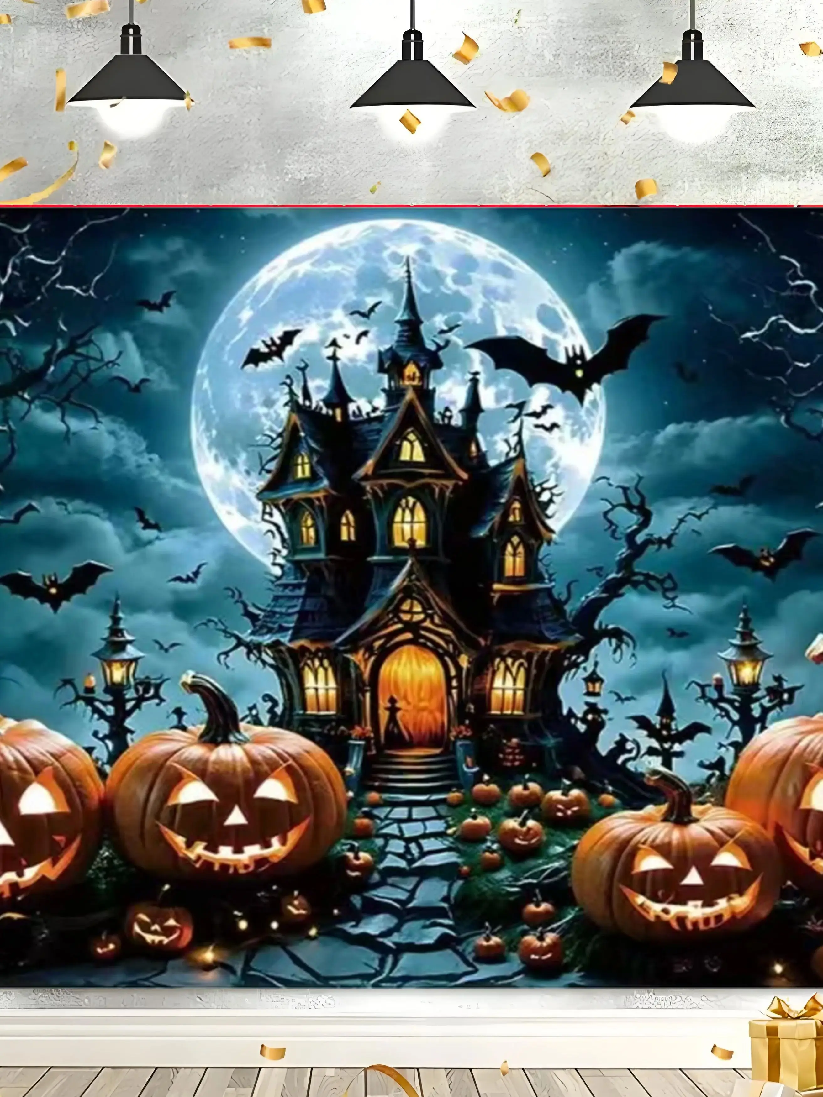 خلفية تصوير رعب للهالوين أزرق داكن ليلة القمر الكامل قلعة اليقطين فانوس 2025 حفلة الهالوين #6