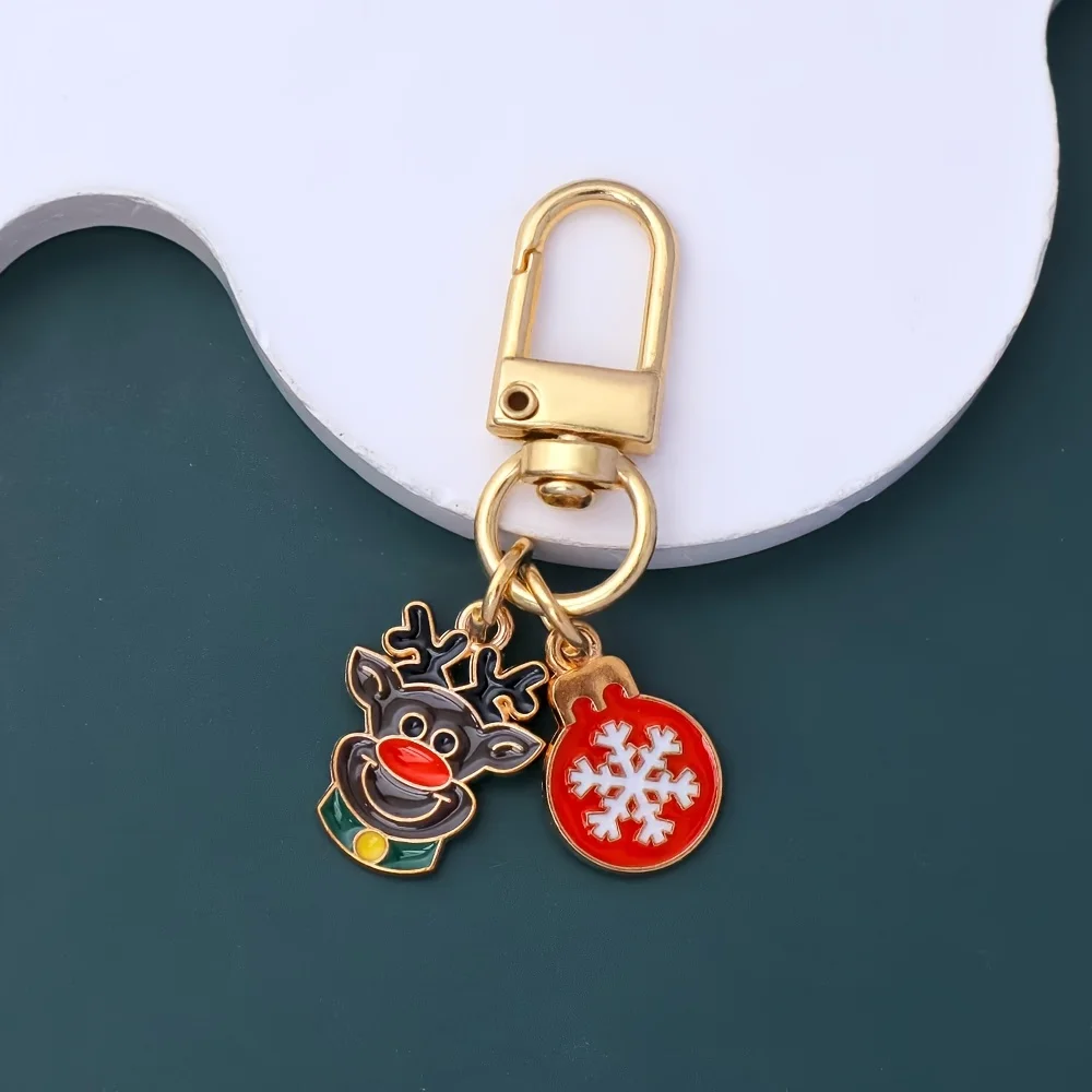 6-Style Christmas Key Chain Set, Santa Claus Reindeer Snowflake Snowman Pendant, Oil Drop Alloy Christmas Bag Pendant
