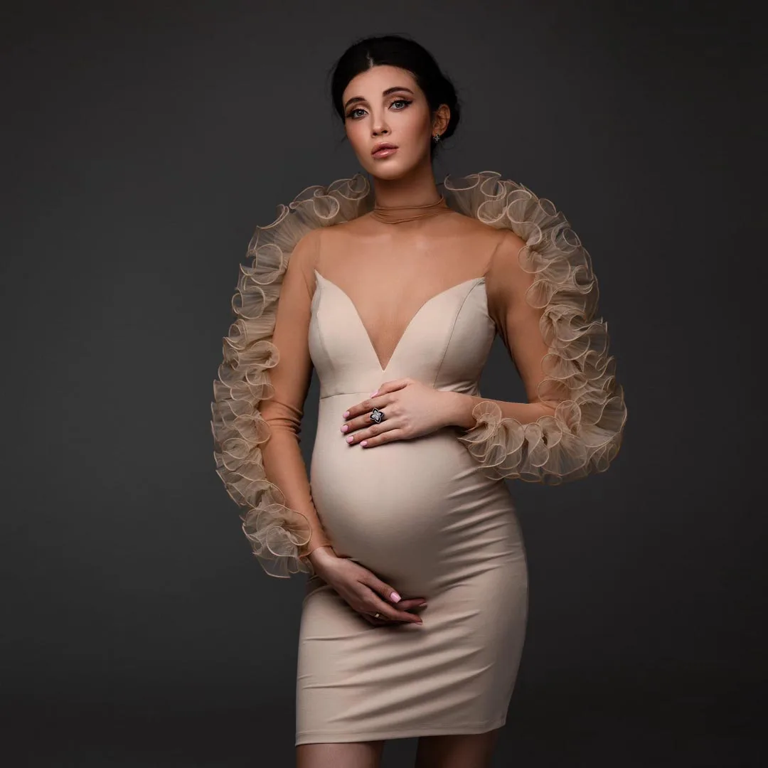 Champagne Ruffles Edage Sleeve Maternity Women Dresses Elegant Stretchy Mermaid Knee Length Pregnancy Dress Sheer Necklines Phot