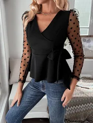 Moda damska Casual Soild Black Color Mesh Stitching Long Sleeve V-neck Side Waist Bow Loose Hem Waist Knit Top Shirt