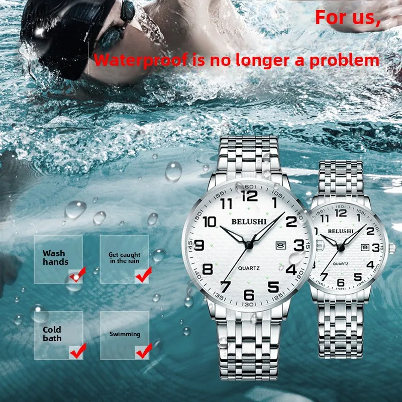 Waterproof Couple Watches with Large Numerals Luminous for Seniors Elderly Men Women Quartz Wristwatches