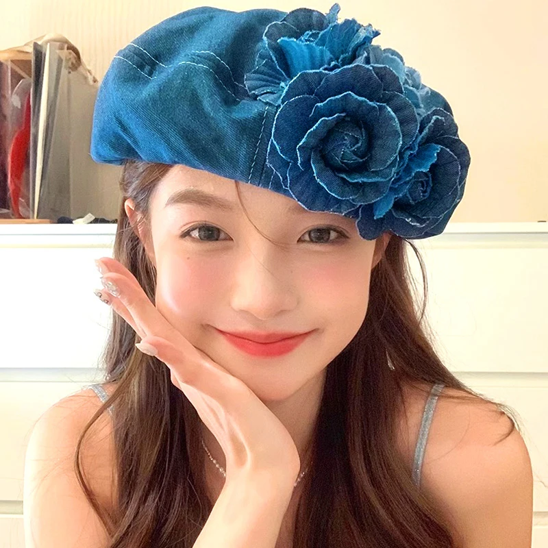 Flower Denim Beret Hats Spring Autumn Female Trendy Women Camellia Painter Caps Casual Cotton Beanie Hats