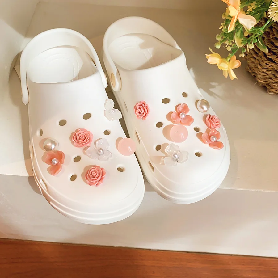 14 Pcs/set Pastel Pink Resin Rose Flower Croc Shoe Decorations Round Imitation Pearl DIY Shoe Decor Accessories for Women K