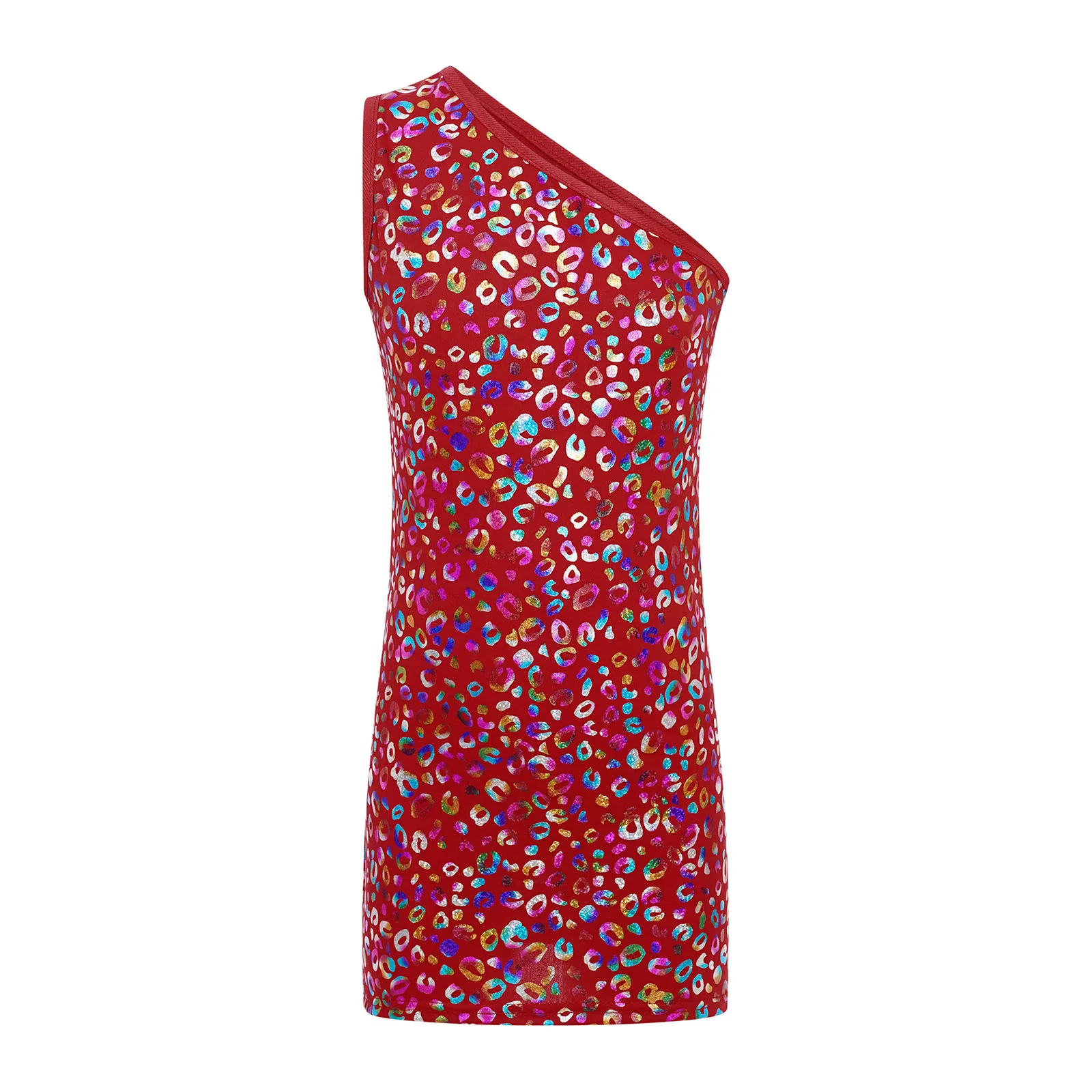 Crianças meninas vestido de dança metálico cheerleading palco desempenho traje um ombro sem mangas leopardo para jazz