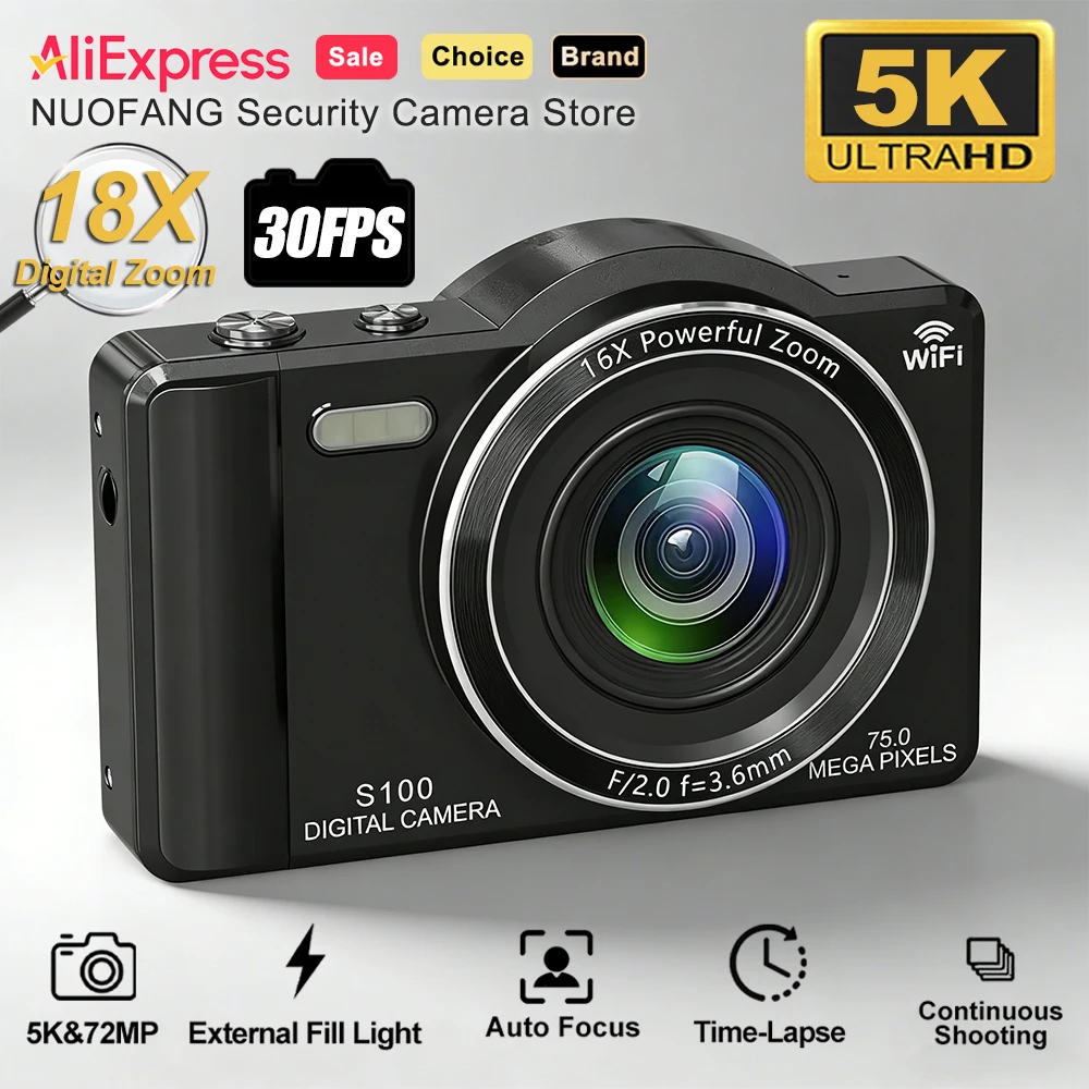 5K 75MP Student Digital Camera with Dual Selfie Lens Autofocus WiFi Compact Camera for Teens Portable Beauty Cam for Travel Vlog