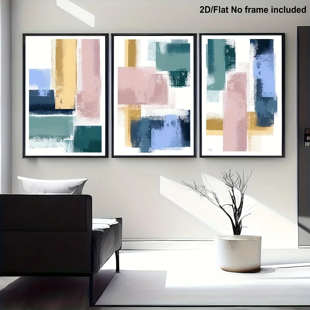 2D Flat, 3pcs Christmas Gift Set, Abstract Art Print in Pink, Green, Blue, and Yellow, Modern Color Block Stroke Wall Decor f