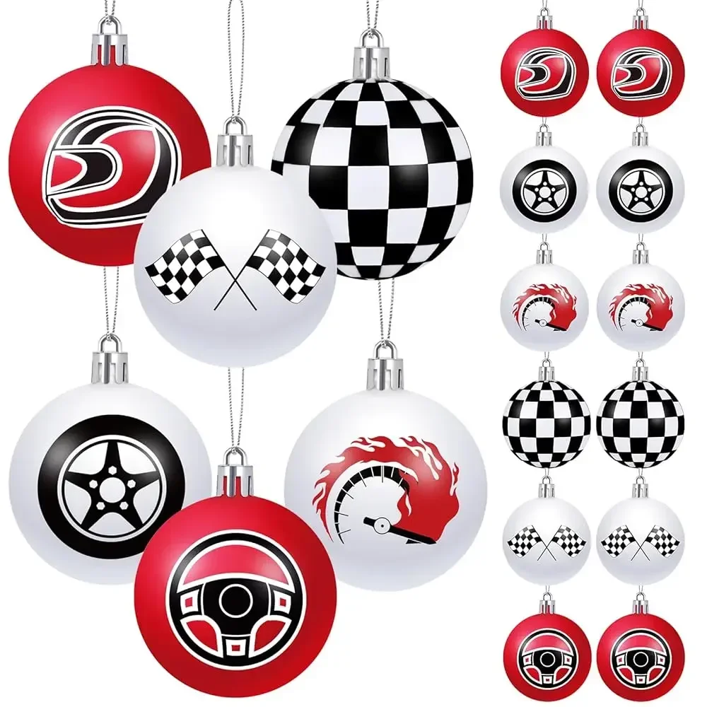 

24 PCS 2.36 Inches Racing Car Theme Christmas Ball Ornament Set Living Room Garden, Shatterproof Christmas Tree Decoration Se