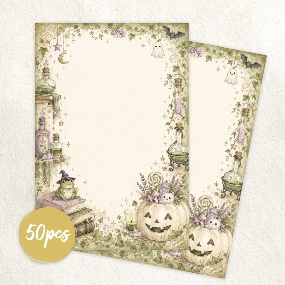 50 Sheets,  Green Forest Magical Frog Witch themed Writing Paper, Lined, Gluefree, Perfect for Notebooks, Memos, and Stickers