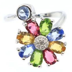 Buy 3 Get 1 Free 22x17mm Multi Color Flowers Tourmaline Citrine Peridot Green Amethyst CZ Women Wedding Silver Rings Many Sizes