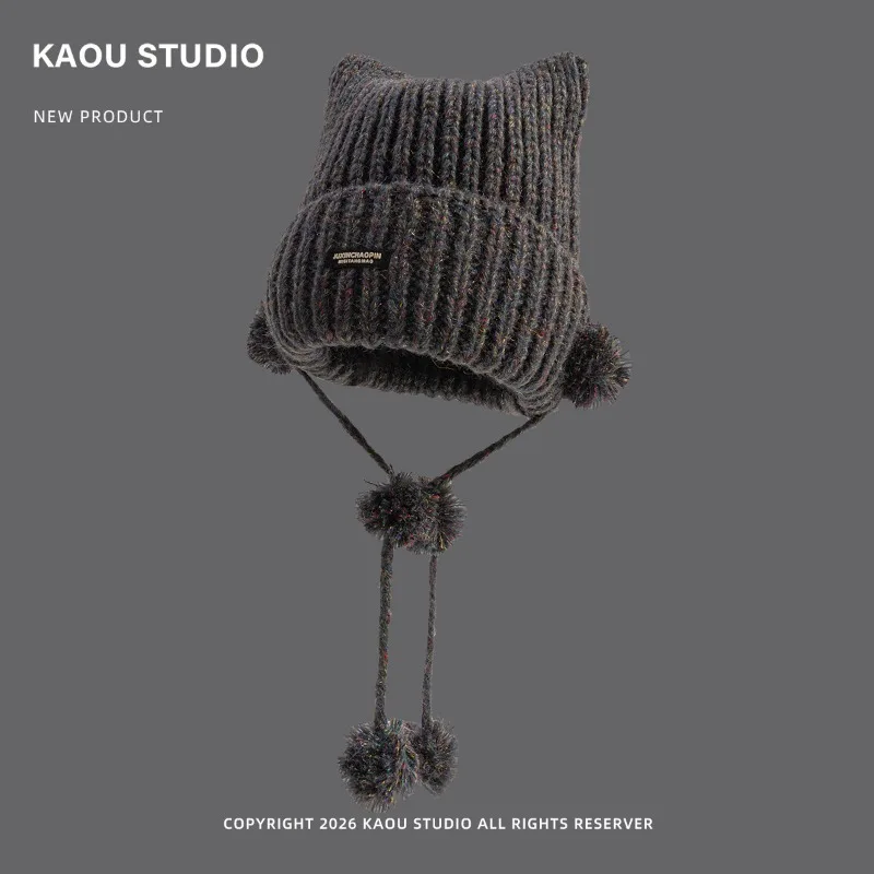 Japanische Niedliche Katzenohren-Mütze mit Haarball und Quaste, Warme Ohrenschutz-Beanie-Mütze für Damen, Herbst/Winter – Detail 5