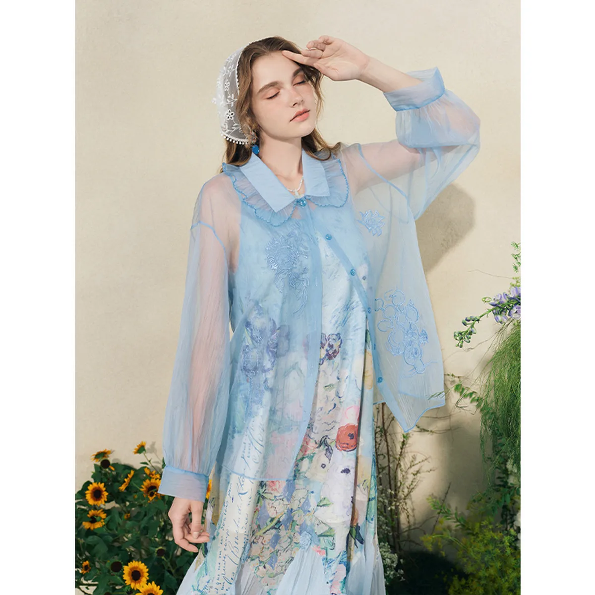 

Van Gogh-Inspired Blue Light Embroidered Sheer Blouse