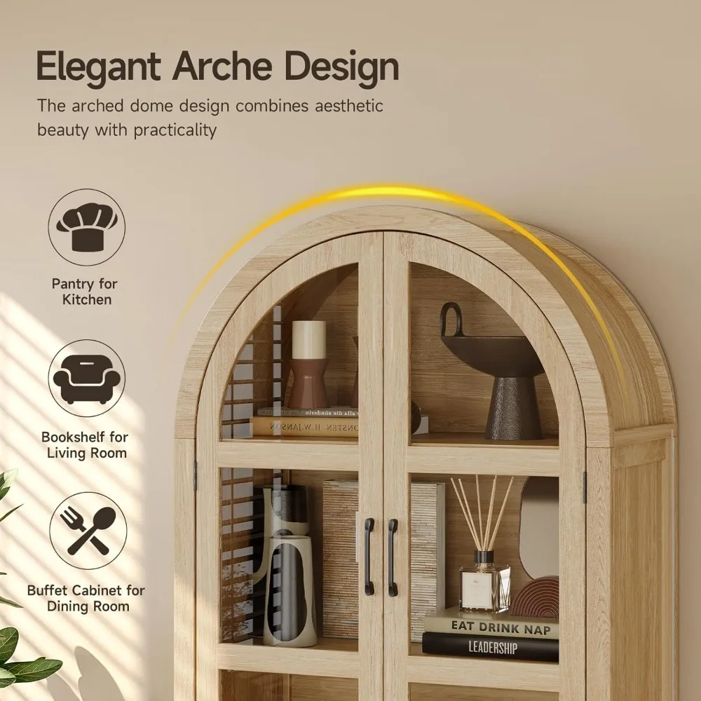 ONBRILL 71 خزانة مقوسة طويلة، مخزن مطبخ مقوس من 5 طبقات مع أبواب وأرفف زجاجية، خزائن تخزين عصرية مع إعلان #4