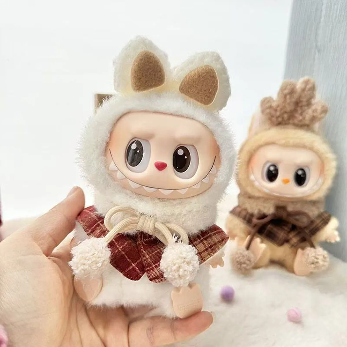 Schattige pluche pop kerst geruite pluche mantel kleding voor Labubu V2 kerst pluche mantel kostuums geschenken