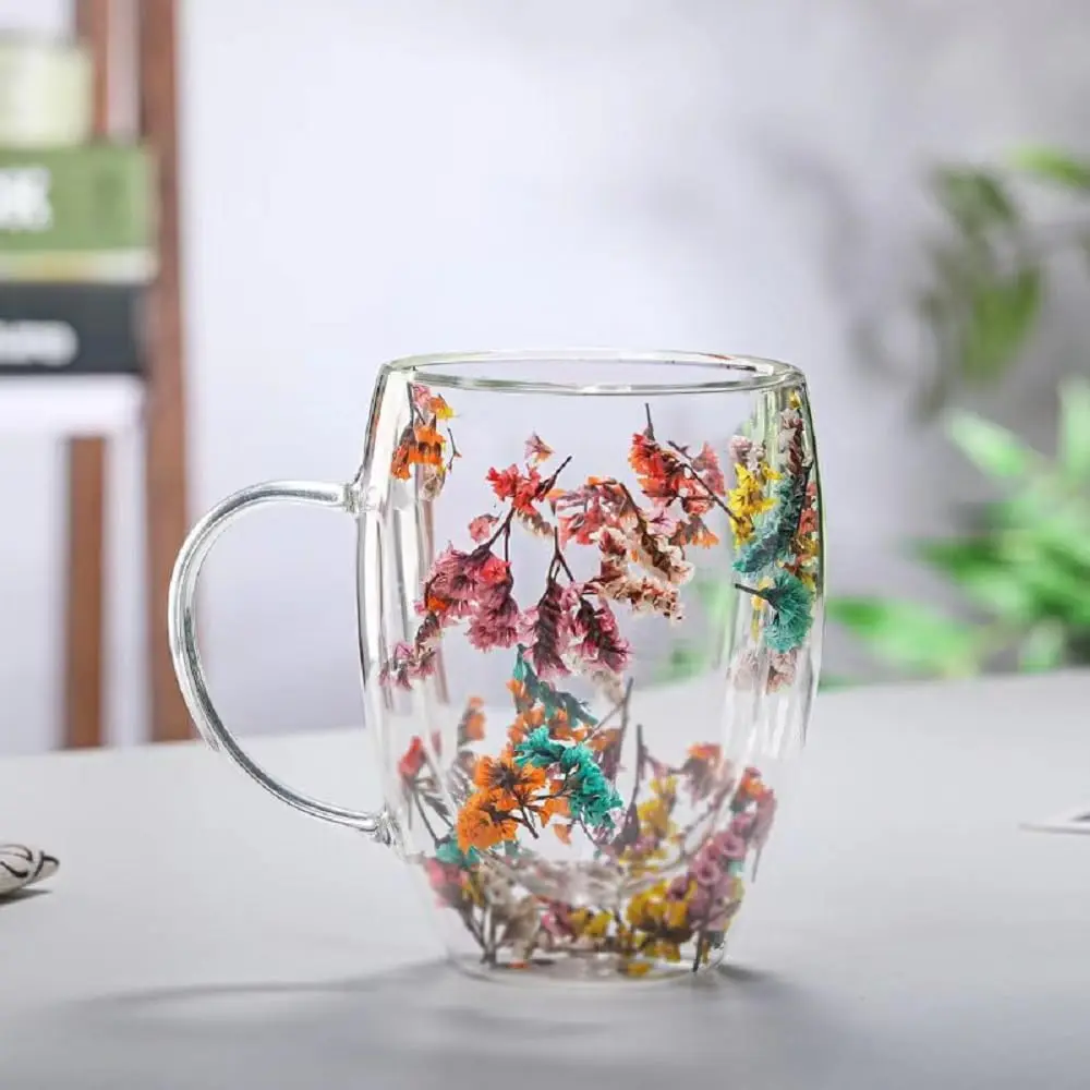 Tazza di vetro fiore da 300ML tazze da caffè a doppia parete fiore secco bicchieri trasparenti tè latte bicchieri ad alto contenuto di borosilicato