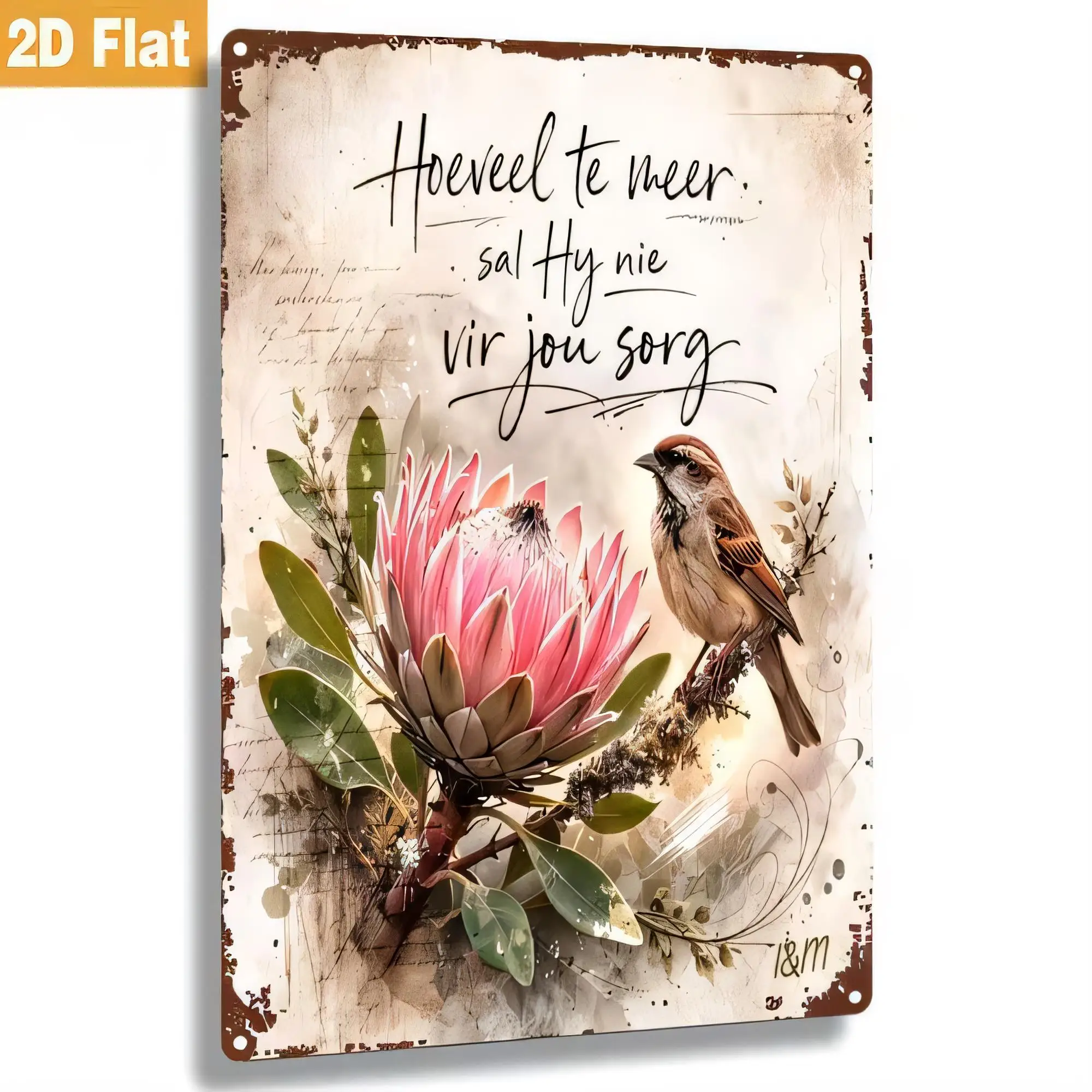 Vintage Blechschild mit Vogel und Rosa Protea-Blume, Wandkunst Metallplakette, Rustikale Cottagecore Gartendekoration für Schlafzimmer, Wohnzimmer, Café