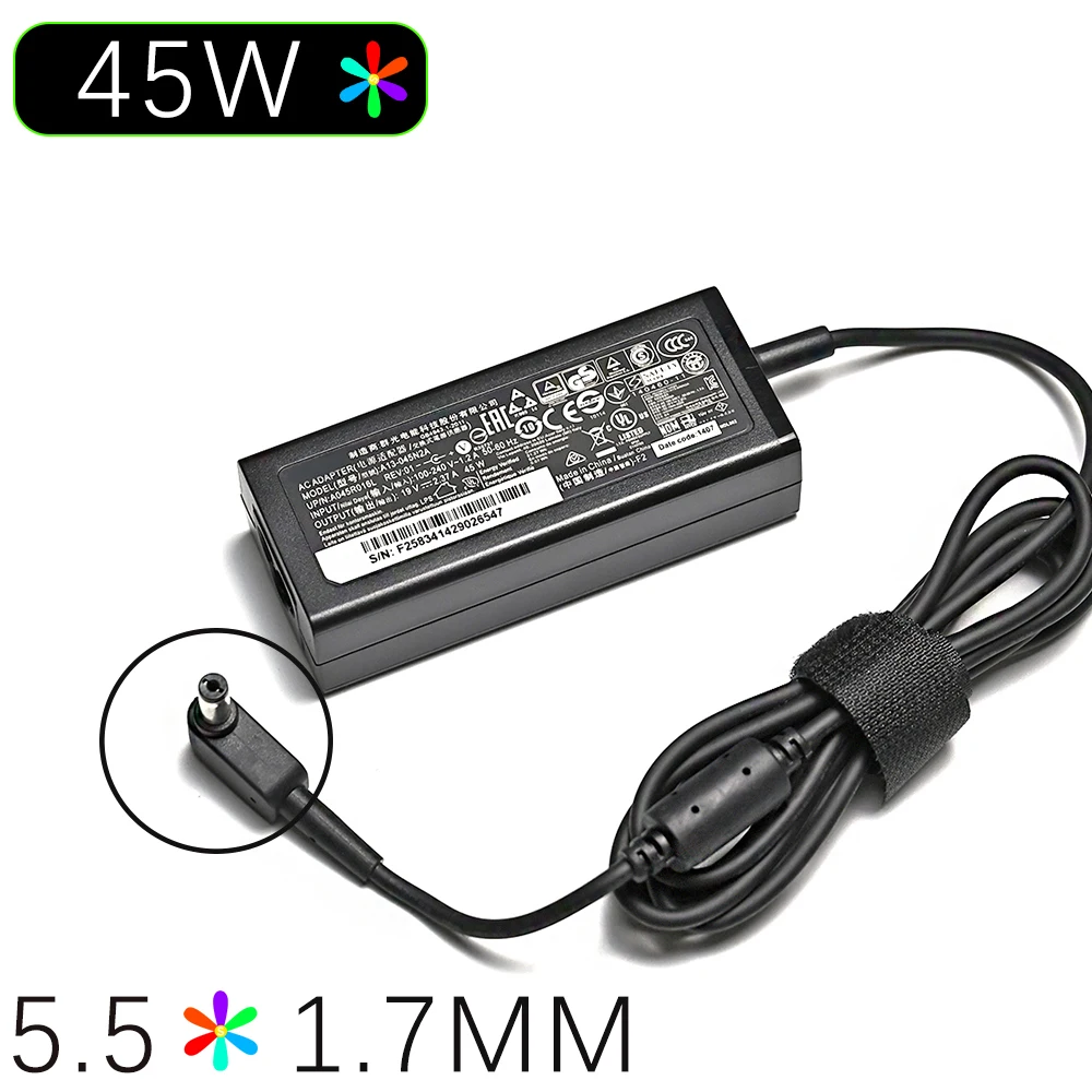 19V 2.37A 5.5*1.7MM 45W Laptop Adapter Charger For Acer Aspire 3 A314-31 A515-51-3509 E5-573-516D Series Notebook Power Supply