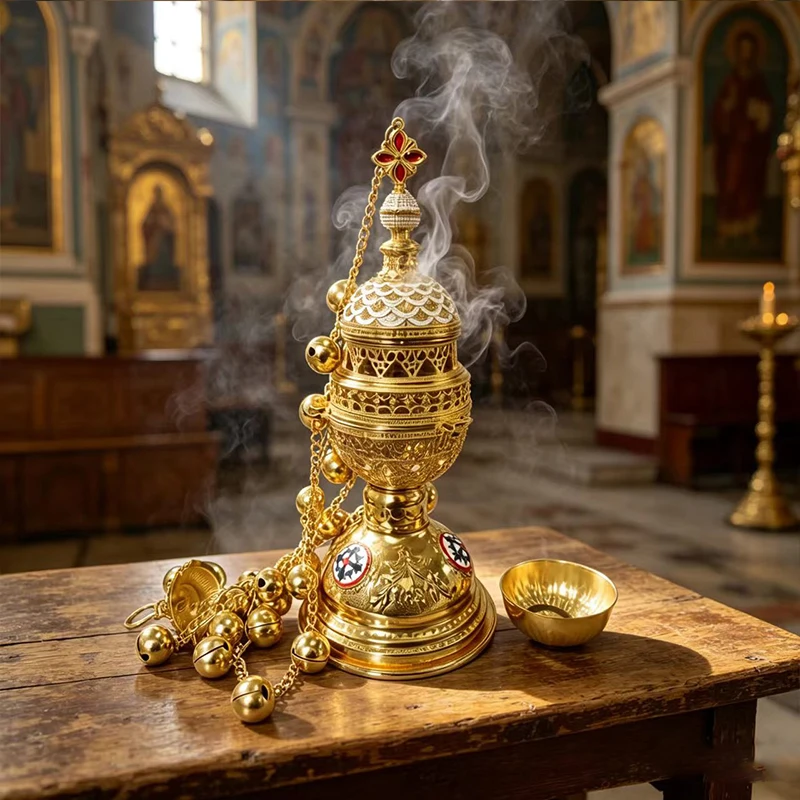 Neu2026 Vergoldeter Katholisch-Orthodoxer Hängender Weihrauchbrenner 32cm 4 Glocken Emaille für Kirchenliturgie Heimaltar Gebetsgeschenk Dekoration – Detail 2