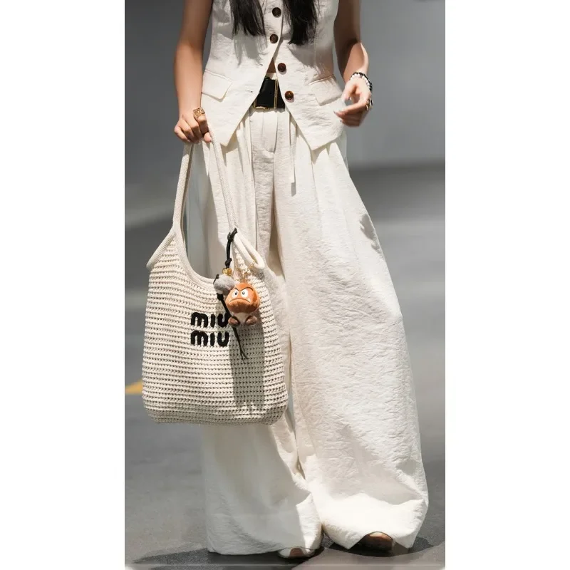 

Женские уличные высококачественные простые повседневные широкие брюки с высоким v-образным вырезом из хлопка и льна в стиле Old Money Slim Fit Жилет Модный комплект