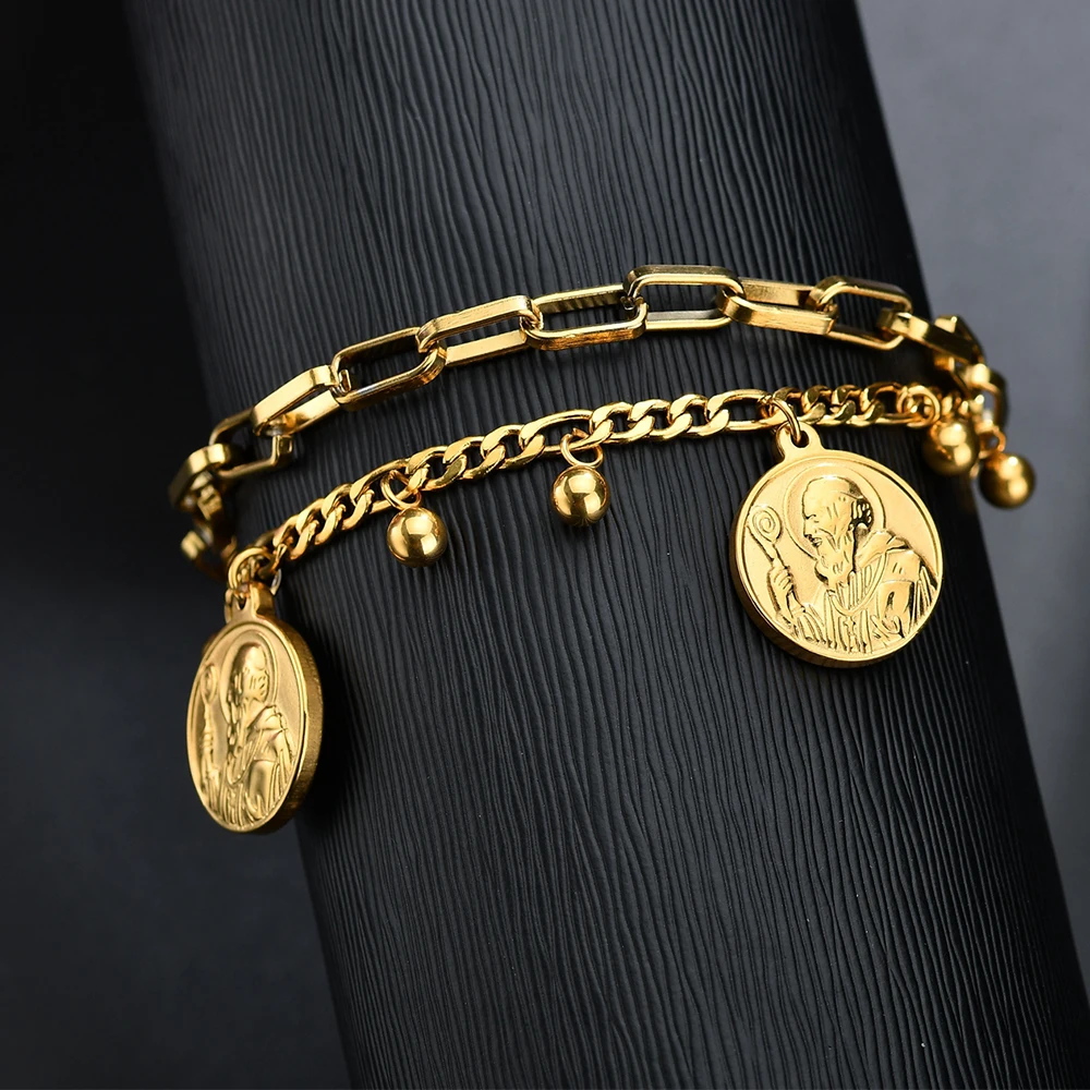 Akizoom Gold-plated Jesus Bracelet Double Chain Heart Round Bead Bangle Stainless Steel Adjustable for Women Religious Gift