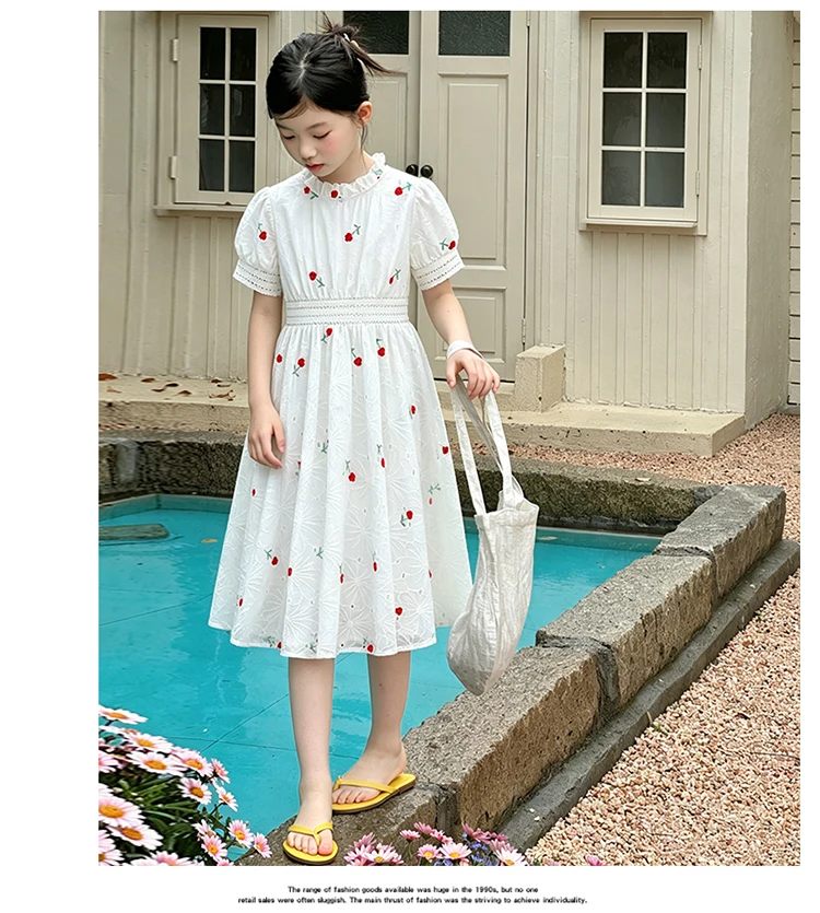 Mädchenkleid Sommer 2026 Süßes Niedliches Blumenmuster Kurzarm Rüschenkragen Weißes Kleid Kinderkleidung 110-170cm 20-50kg – Detail 4