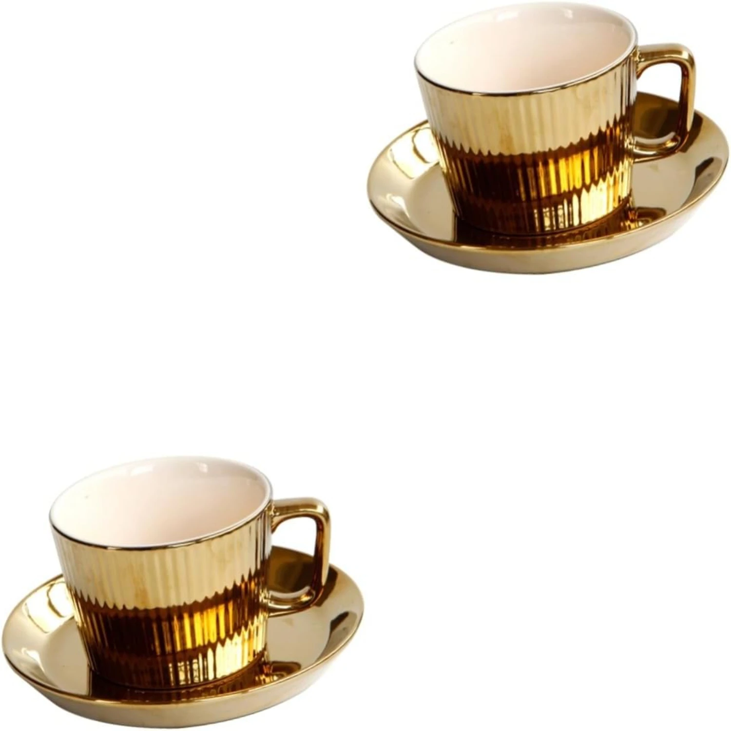 Stylish and Elegant White Ceramic Tea Cup Set with Saucer - Beautiful and Exquisite Pair of Porcelain Espresso Cups and Mugs - P