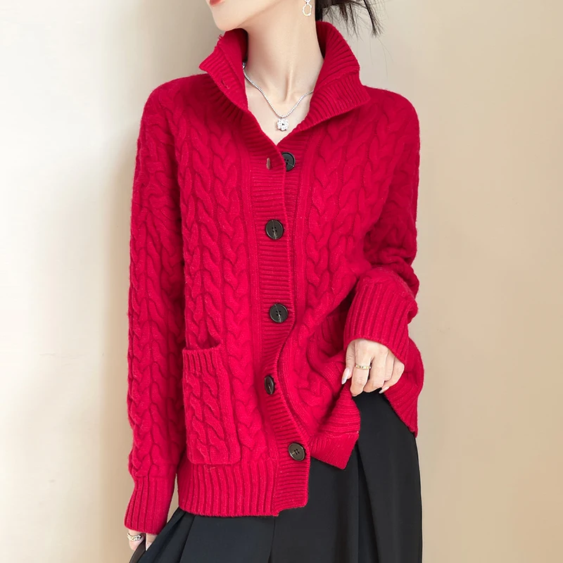 Cashmere Coat Women's High neck Knitting Cardigan Fashion Fried Dough Twists Thick Tops Autumn Winter New Warm Female clothing