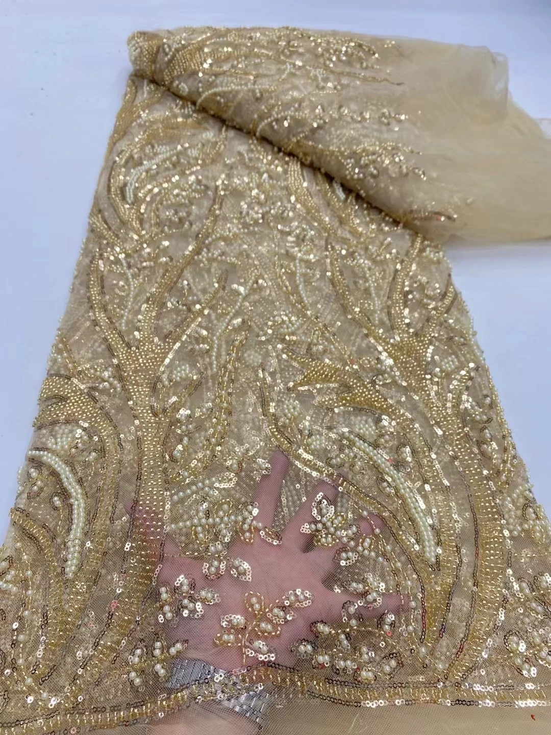

High-Quality Tulle Lace Fabric with Sequins And Embroidery for Wedding Party Dresses Beads Stones African Nigerian 5Yard DP0348