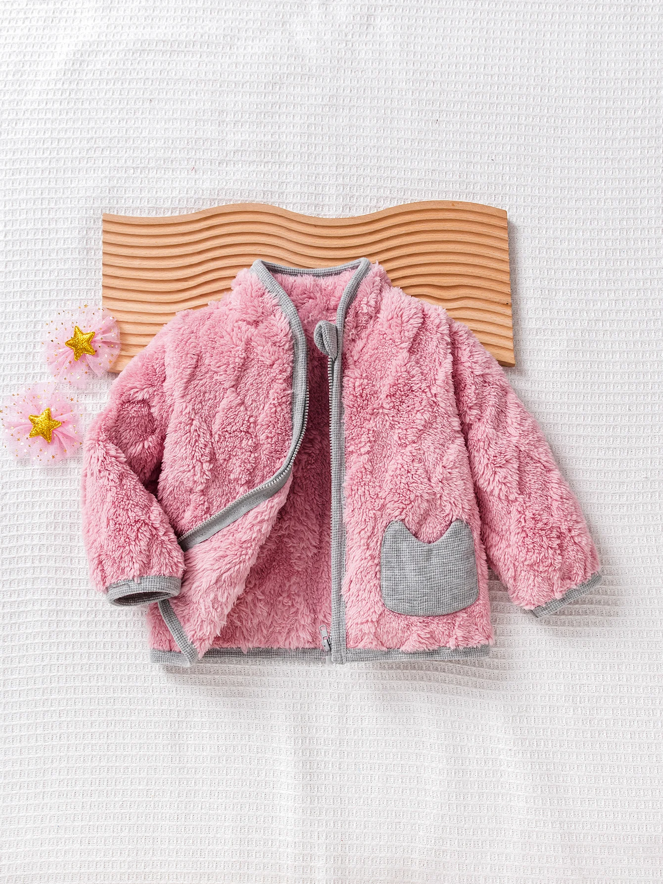 Girls' Autumn Winter Plush Jacket Pink Furry with Cat-Shaped Pockets Warm Cute One-Step Purchase Essential for Little Ones
