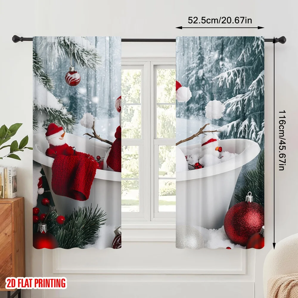 2pcs,2D plane printing Curtains&Window Treatment Cute Snowman Winter Bathing Scene Polyester (without rod) Outdoor Decorations