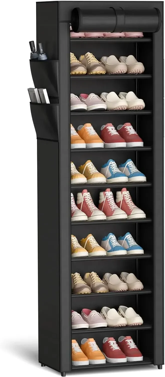 

Shoe Rack - 10-Tier Large Capacity Shoe Organizer Shelf with Dust Cover & Side Pockets, , 17.5" x 12.4" x 69.3", Black