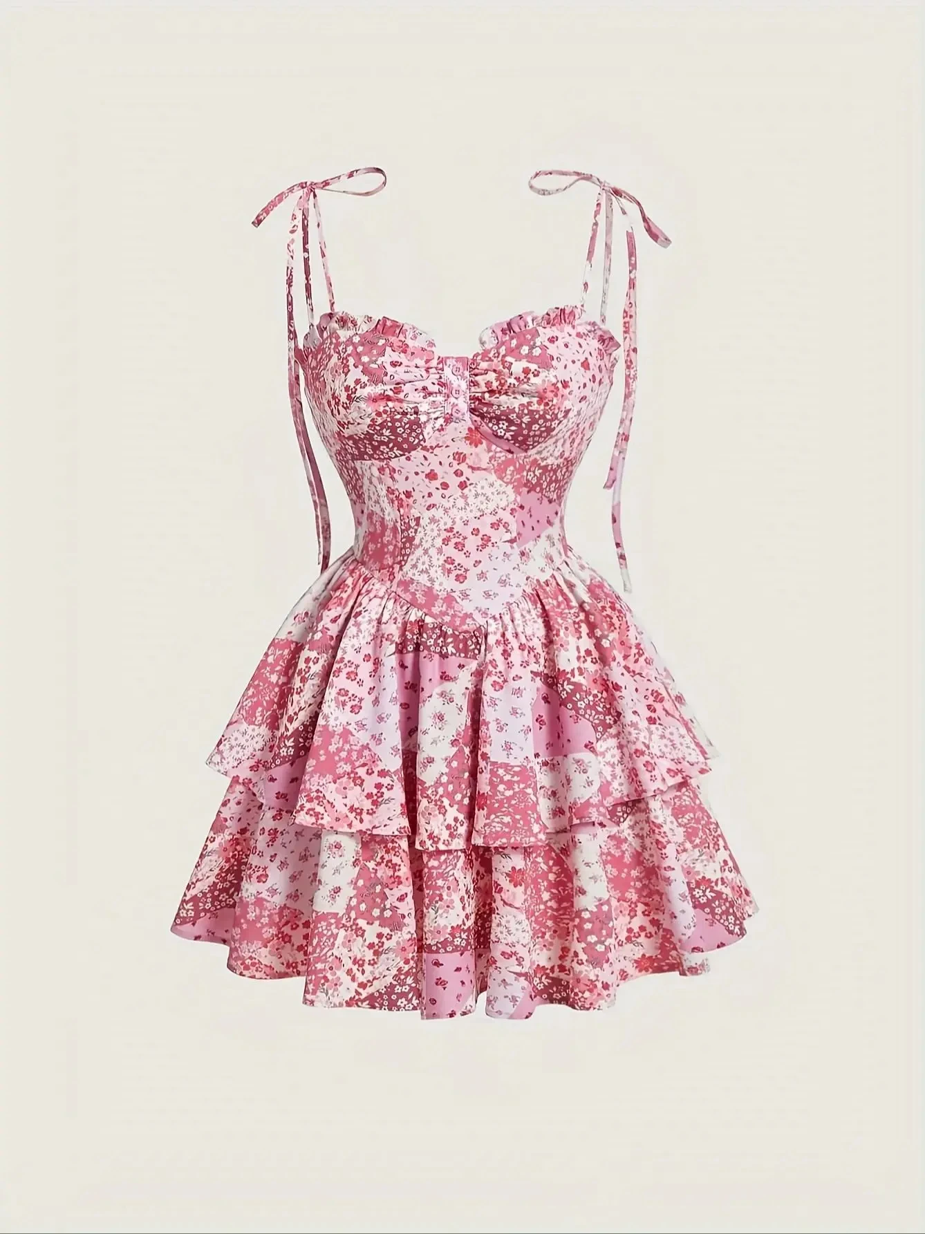 

Women Spaghetti Floral Print Tiered Tie Slim Fit Short Dresses Summer Sleeveless Ruffle Smocked Mini Dress