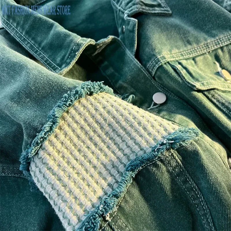 Jaqueta jeans retrô de encaixe solto masculina e feminina com furo dividido, tops de lazer, moda de rua, roupas de primavera e outono, tendência