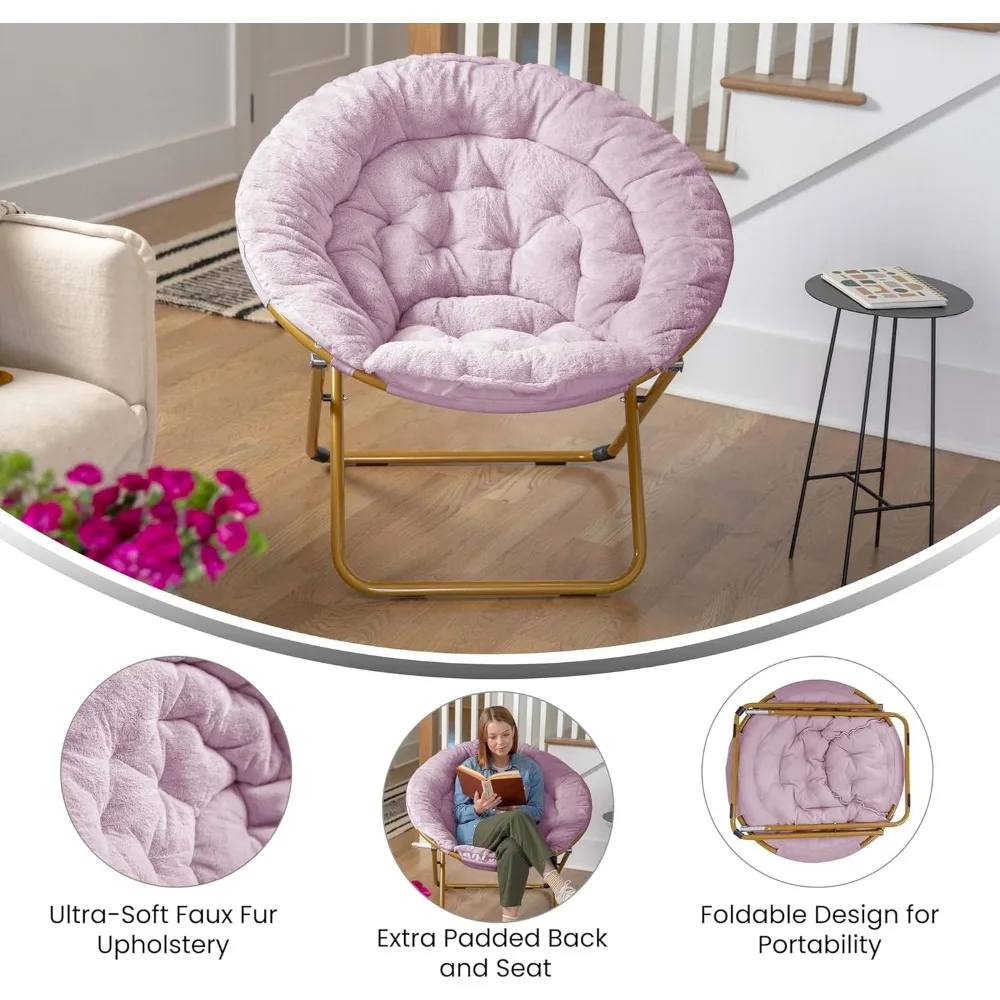 كرسي صحن قابل للطي كبير الحجم مع فرو صناعي - إطار معدني ذهبي ناعم أرجواني مغبر - كرسي قمر محمول 38 قابل للطي للمريح #4